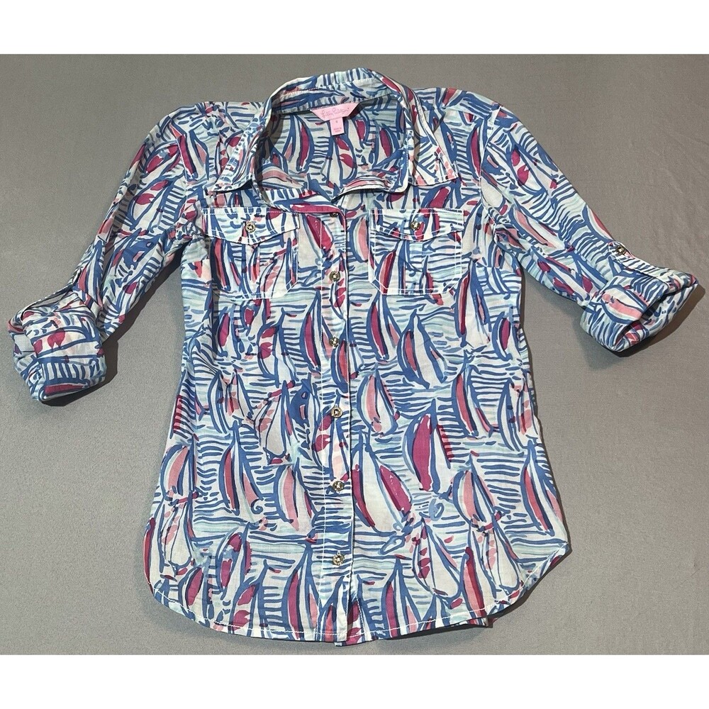 Lilly Pulitzer Cruiser Resort White Red Right Return Sailboat Print Shirt Size 0